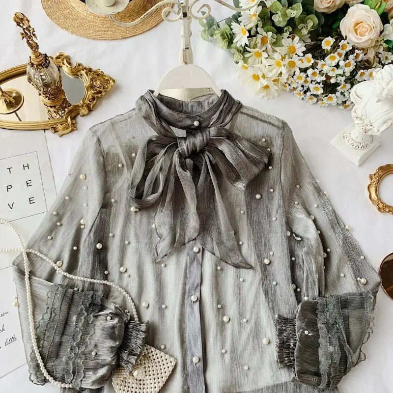 

Осенняя Женская обувь в сеточку с бисером на блузки женские милые туфли-фонарь с длинным рукавом и «жемчужинами блузки женские элегантные р...