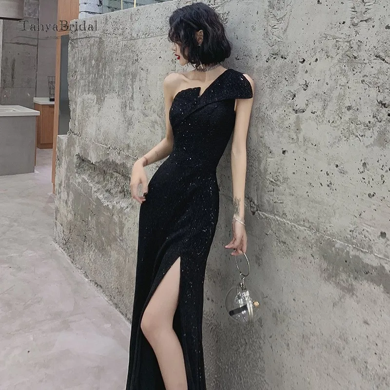 One Shoulder Sequin Evening Dress 2020 Long Prom Black Shiny Sexy vestidos de fiesta Side Slit Glitter Slight robe soi | Свадьбы и