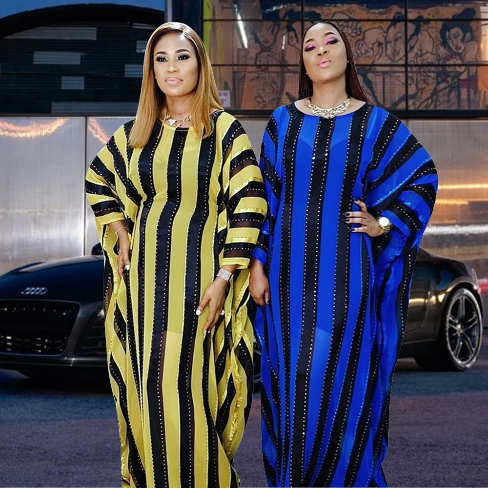 

Long African Dresses for Women Dashiki Striped Abaya Muslim Dress Batwing Sleeve Femme Robe Africaine Femme