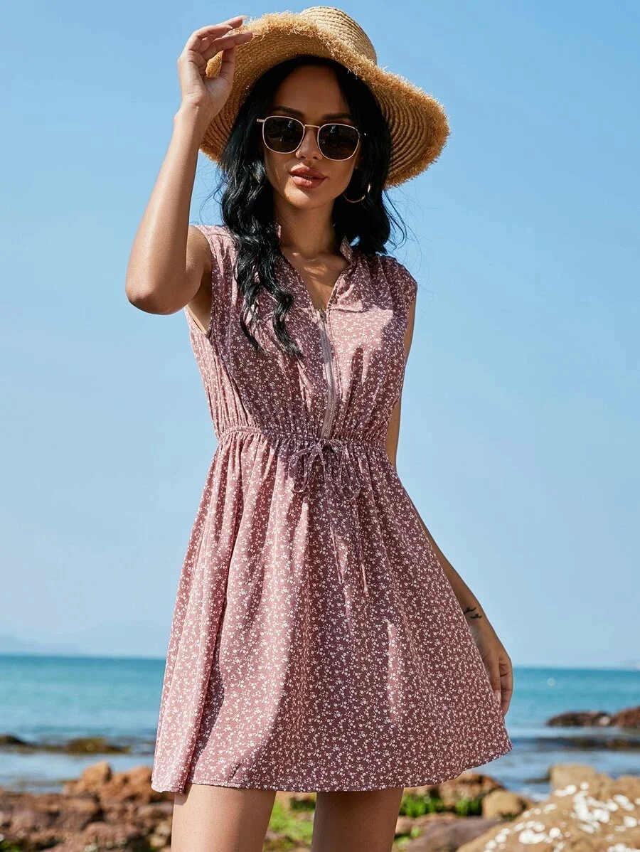 

OTEN Casual Summer Dresses Women Sleeveless V-neck Zipper Drawstring Floral Print Beach Bohemian Pleated High Waist Swing Dress