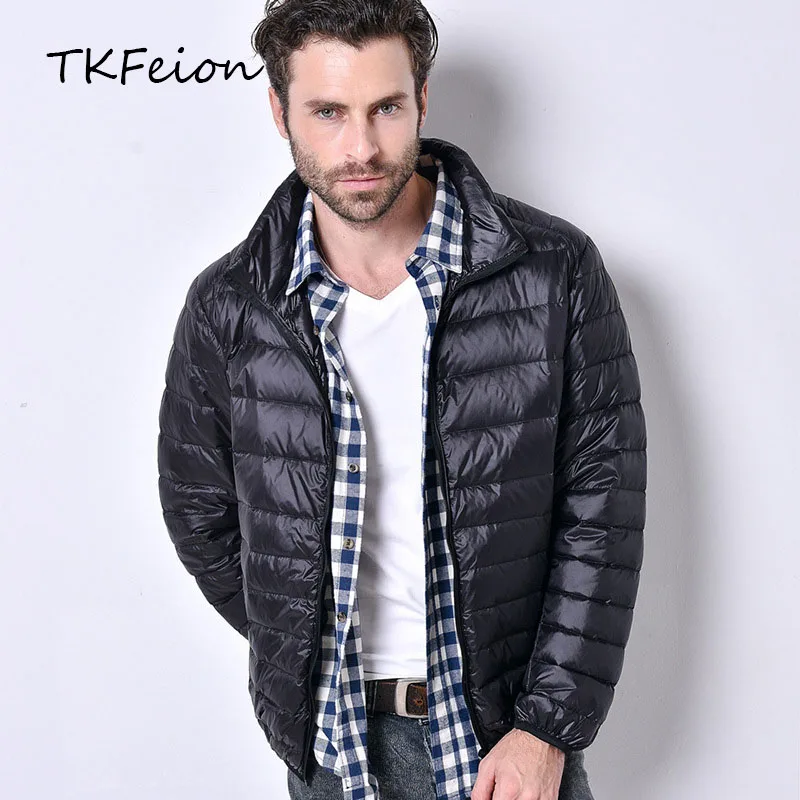 Solid Striped Mens Autumn Coats Garment Light Thin Style 2019 Fashion Male Fall Basic Jackets Warm Duck Down Filler Stand Collar | Мужская