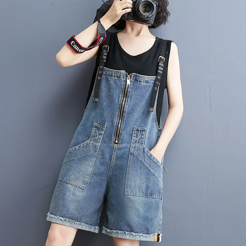 

#2341 Summer Blue Denim Playsuits Women With Zipper Casual Wide Leg Playsuits Female Adjustable Spaghetti Strap Playsuits Ladies