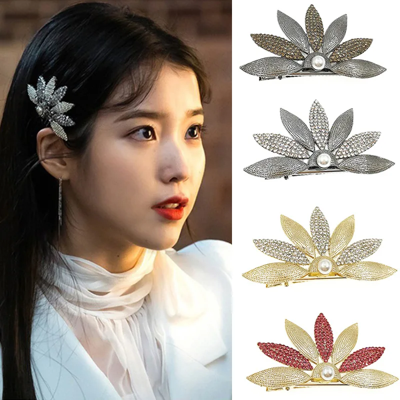 

Korea New Seven Leaf Fashion Hairpin Rhinestone Pearl Embellished Sparkling Duckbill Clip Hairpin Ladie Luxury Hair Accessories