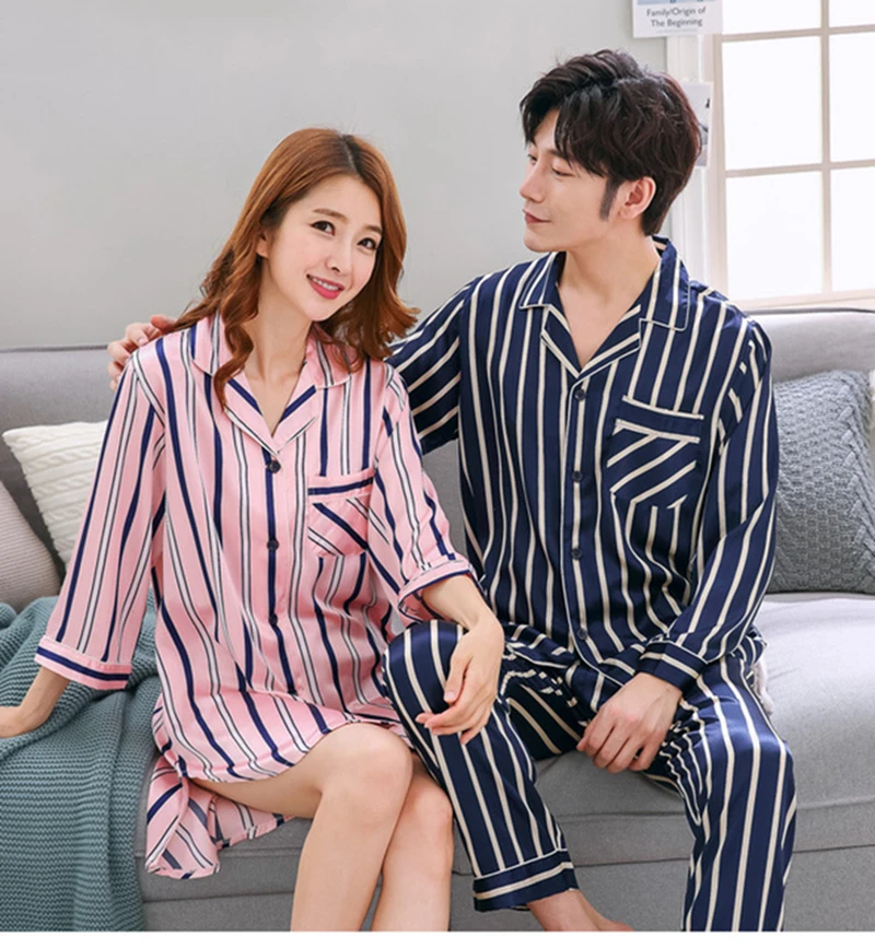 

Striped couple pajamas piżama simulation silk lovers sleepwear пижама women long-sleeved summer thin cardigan nightwear homewear