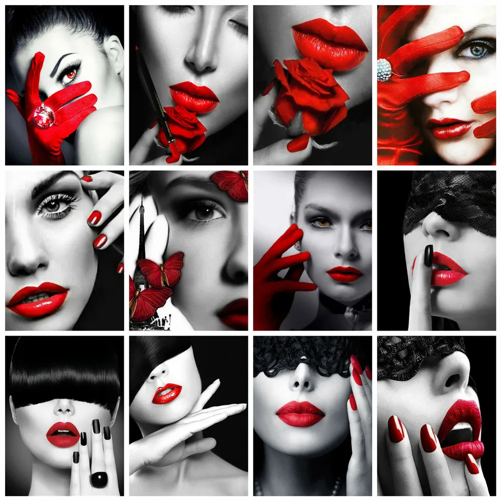 

Huacan Алмазная мозаика Вышивка Женщины 5D DIY алмазная живопись черный и красный Вышивка портрета женский Декор для дома