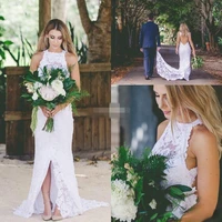 2019 sexy bohemian lace backless wedding dresses high neck spring summer front split cheap garden beach simple bridal wedding
