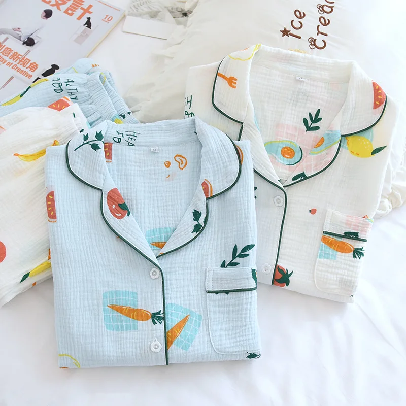 Spring /Autumn Pajamas for Women Pure Cotton Crepe Soft Long Sleeve Sleepwear Thin Fresh Summer Pajamas Set for Ladies Comfort