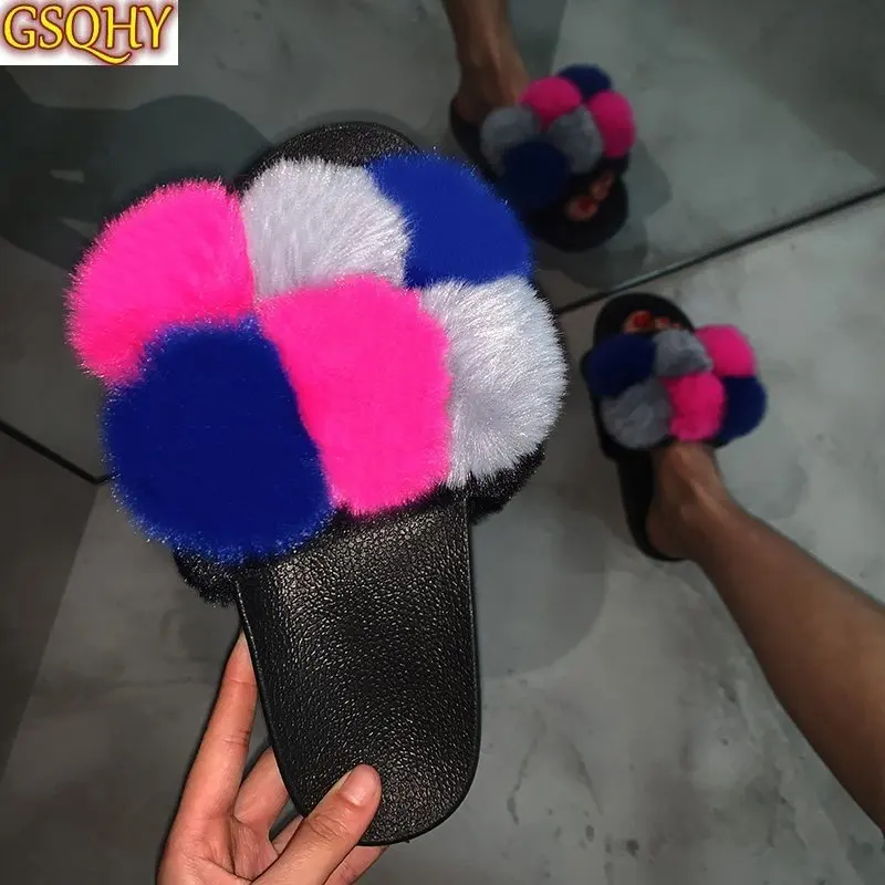

Сланцы из искусственного меха для женщин, летние женские тапочки, пушистые тапочки, домашняя женская обувь, женские тапочки с меховым помпо...