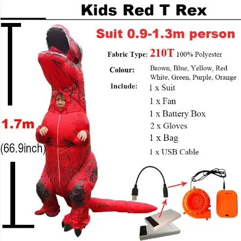 Kids Red T rex Мир Юрского периода взрослый Велоцираптор Костюм надувной T REX Raptor костюм Косплей динозавр вечеринка Хэллоуин костюм для женщин и мужчин - Цвет: Kids Red T rex
