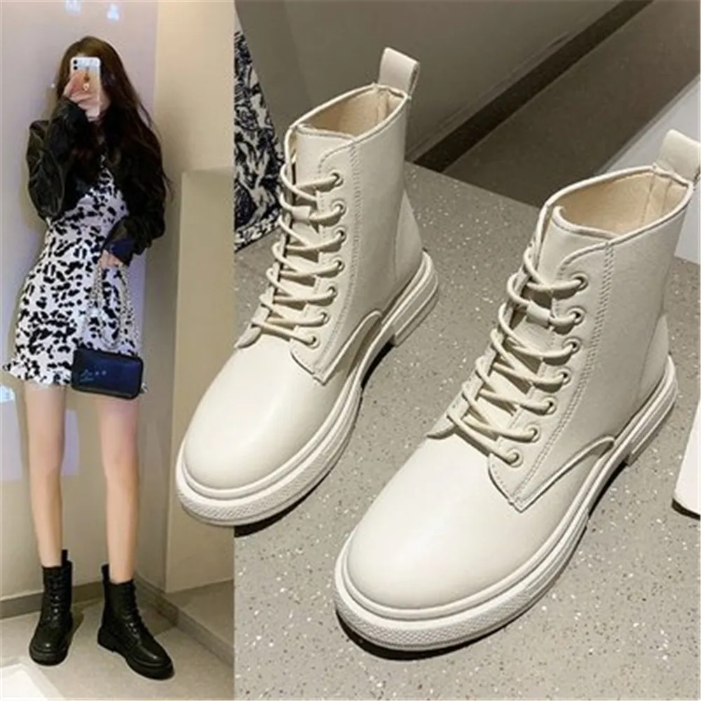 

2021 New Autumn Non-Slip Wear-Resistant Sole Ankle Boots Ladies Black Beige Round Toe High Heel Lace Up Fashion Leather Sneakers
