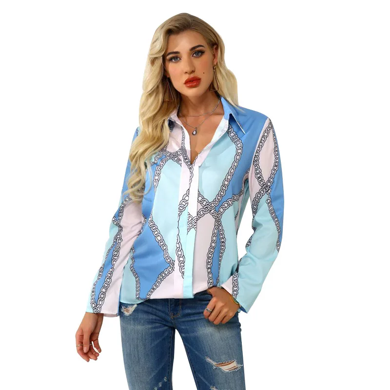 

Женская винтажная рубашка с отложным воротником, Повседневная Блузка оверсайз с длинным рукавом и принтом в виде линий