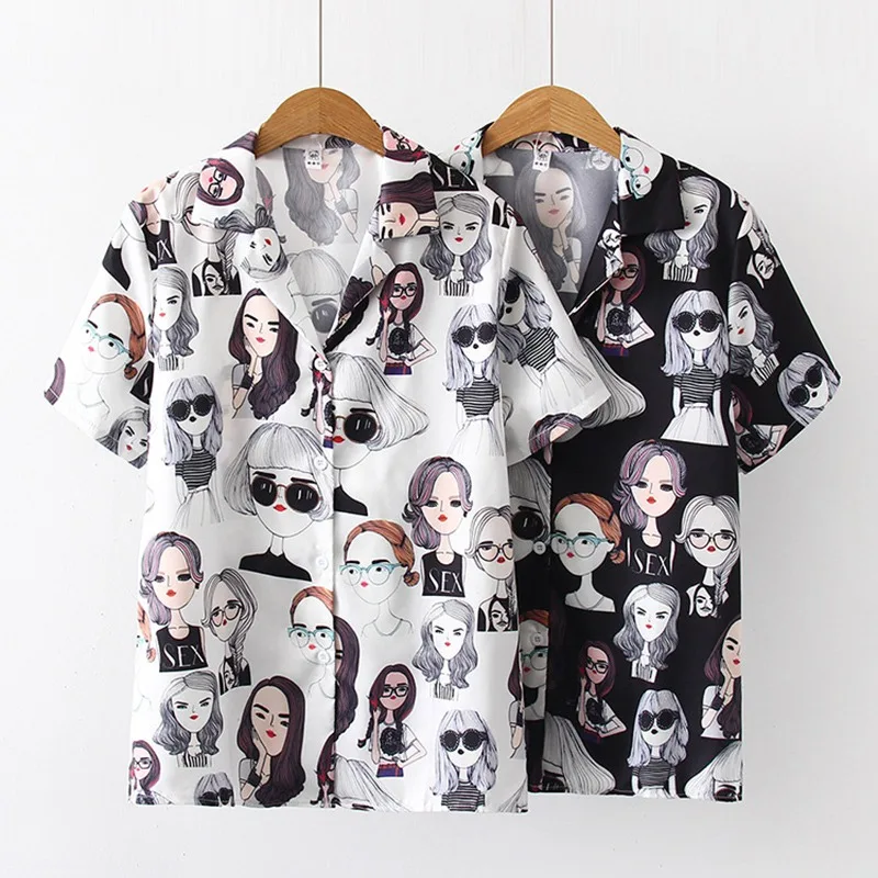 

Women Shirt Cartoon Beauties Print Blouse Korean Style Turn-down Collar Short Sleeve Tops Button Loose Blouses