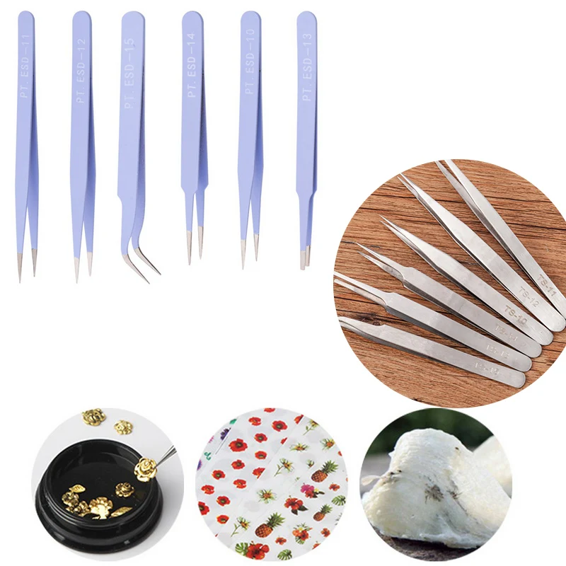 

6Pcs Anti-static ESD Stainless Steel Tweezers Maintenance Tools Industrial Precision Curved Straight Tweezers Repair Tools