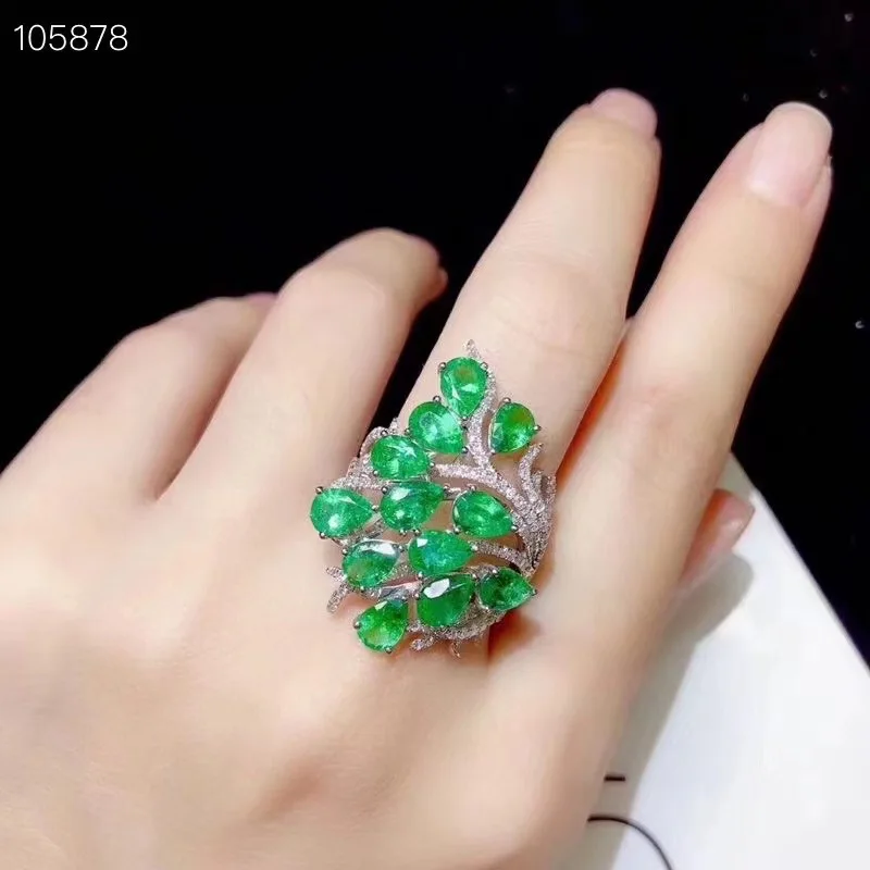 

Fine Jewelry S925 Sterling Silver Natural Emerald New Girl Trendy Gemstone Ring Support Test 2021 hot sale