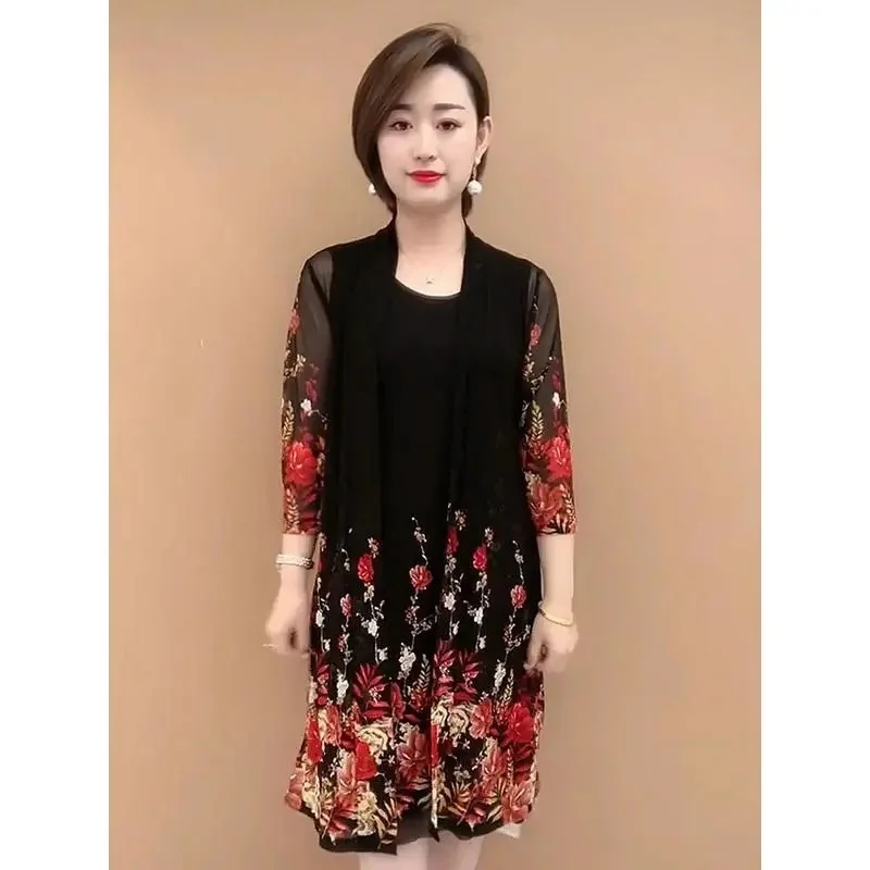 

Suit/Single Piece Women Print Cardigan Jacket And Dress Sets Mother Half Sleeves Two Piece Suit Mom Summer Dress Elegant 45