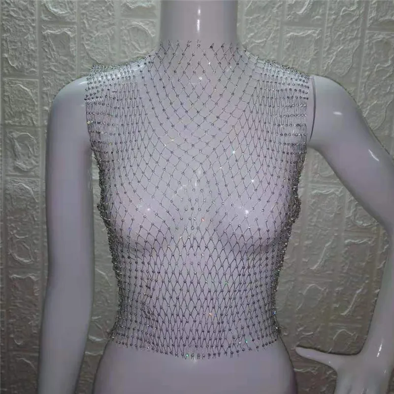 Блестящие стразы, топ на бретелях, Женский сексуальный прозрачный сетчатый лоскутный короткий топ без рукавов, модная Клубная одежда, женские топы на бретелях