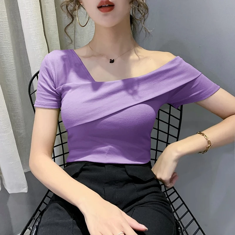 

New Summer Back Tops Fashion 2021 Hollow Out T-Shirt Women Ropa Mujer Bottoming Shirt Tees Slanted Shoulder Clavicle Corset Top