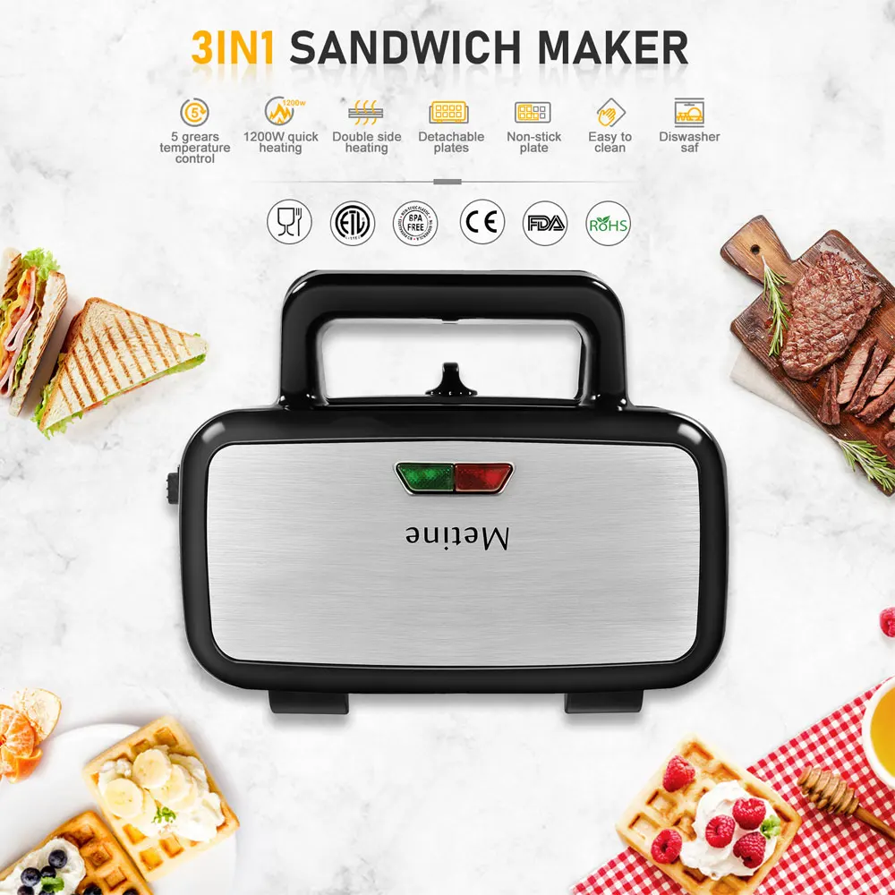 

Waffles sandwich machine, 3 in 1 waffle machine, 1200 w power panini press, with removable panels, five gears