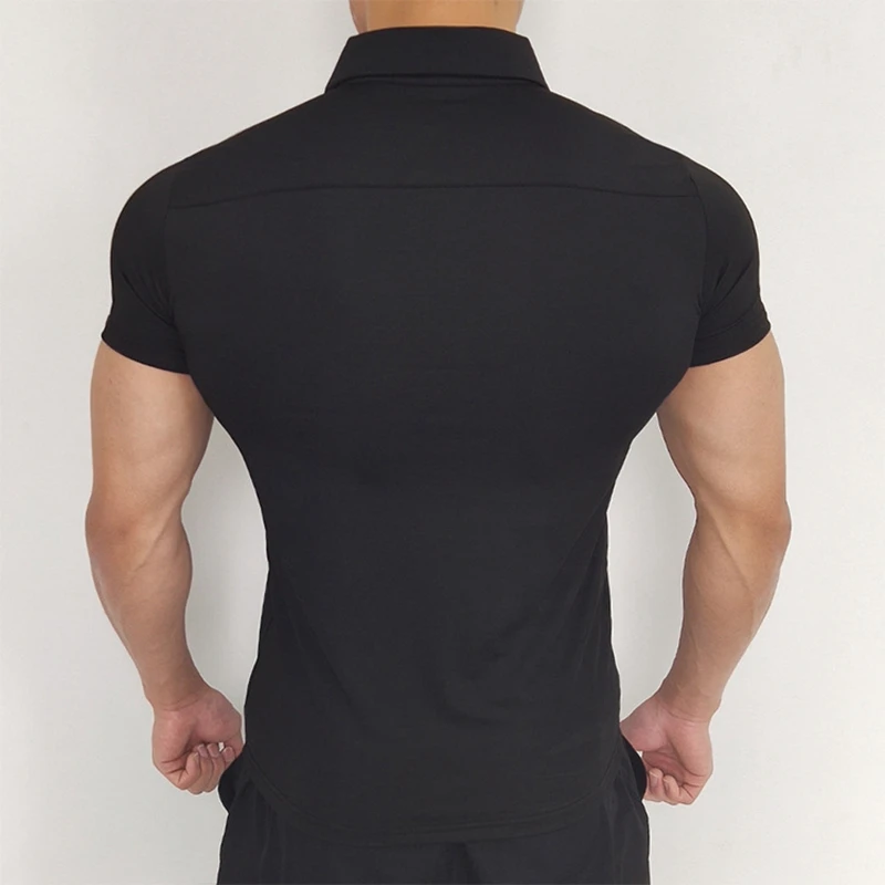

Mens GYM Fitness T-Shirt Turn-down Collar Tees Summer Sports Tops Quick Dry Polyester Fabrics
