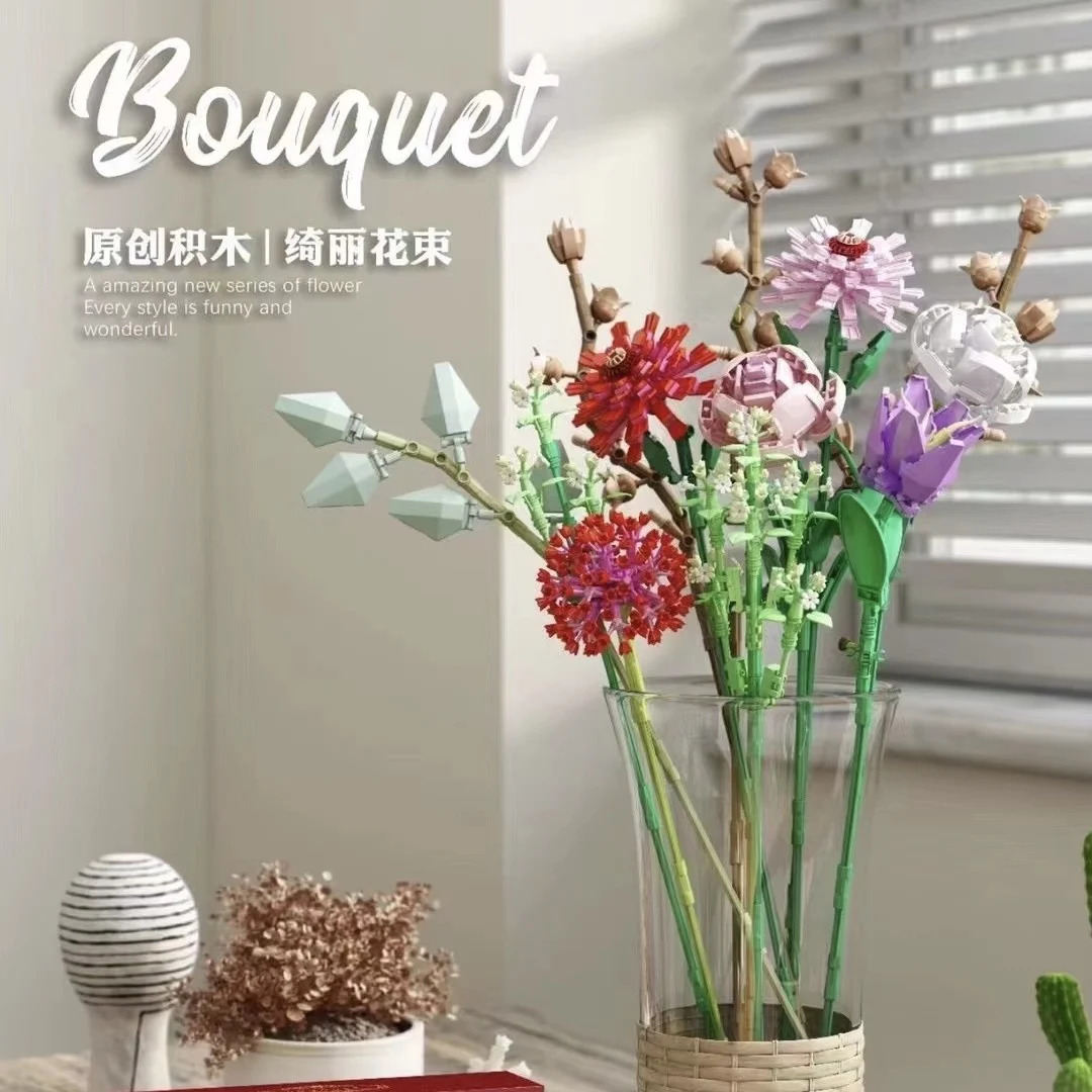 

MOC Idea Series Bouquet tulips Rose Flowers Building Blocks Gift for Girls Home Furnishing Brick Assembling DIY Flower Toy 10280