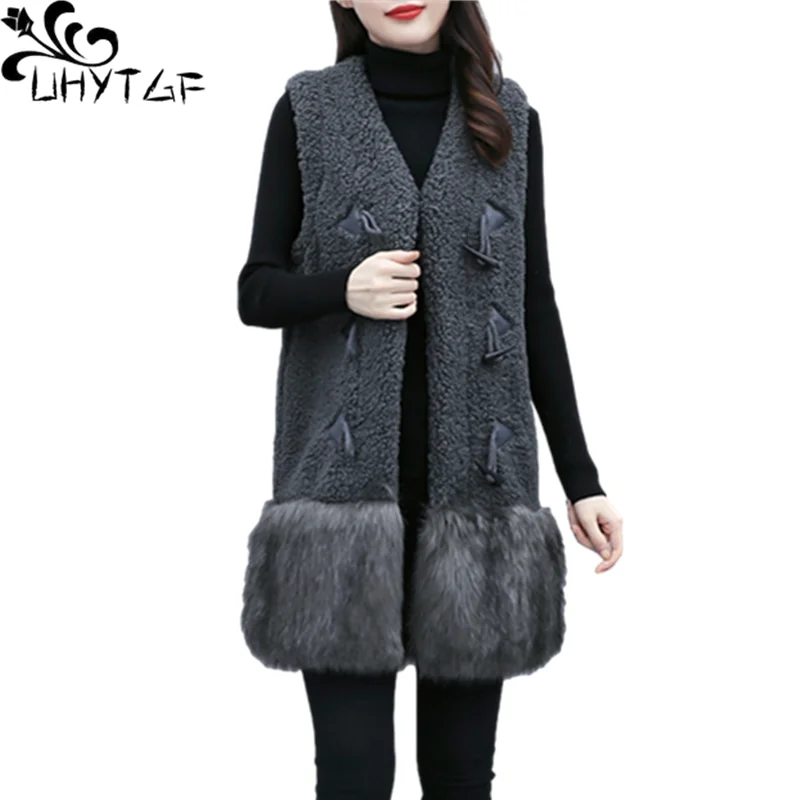 

UHYTGF Plus Size Vests For Women Quality Lambswool Sleeveless Autumn Winter Waistcoat Stitching Casual Warm Female Jacket 1233