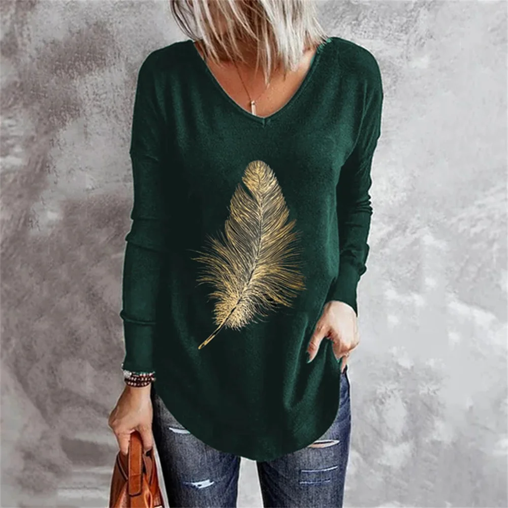 Женская модная Новая повседневная футболка с V-образным вырезом и принтом перьев