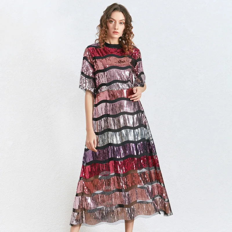 Лоскутное платье с блестками хит разноцветное женское воротником стойкой и