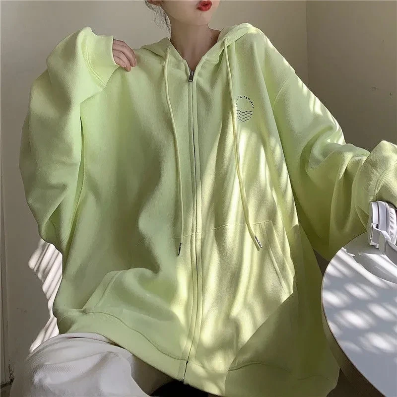 

Japanese Harajuku pure color thin coat with hood drawstring women's sweater y2k hoodie sweet upper kawaii clothes loose zipper