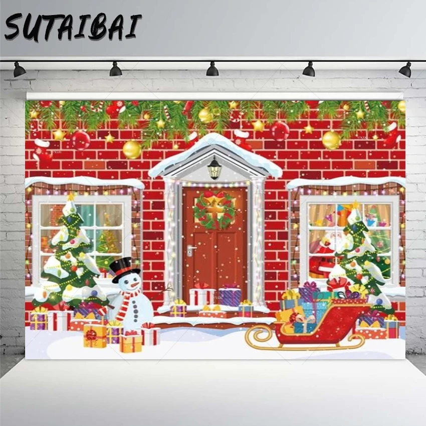 

Winter Christmas Party Backgrounds Photography Snowman Red Brick Wall Wood Door Trees Wreath Gifts Snow Scene Photo Backdrops