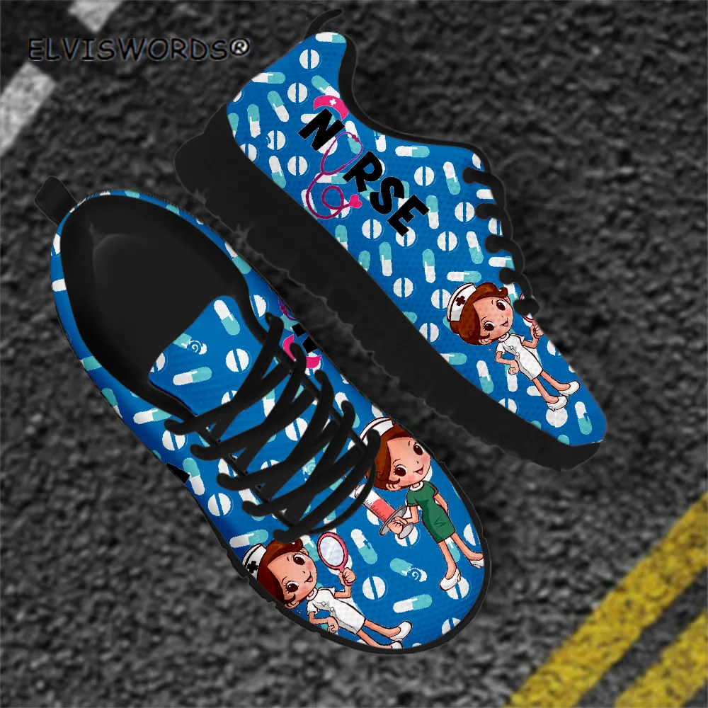 

ELVISWORDS Stylish Nurse Medicine Pattern Non-slip Flat-Shoes for Women Comfortable Ladies Air Mesh Sneakers zapaotos de mujer