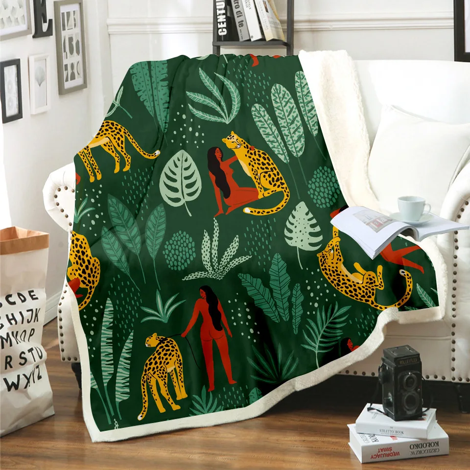 

Плед с леопардовым принтом растений, покрывало с 3d рисунком животных в скандинавском стиле, покрывало из шерпы для кровати, дивана, декорати...