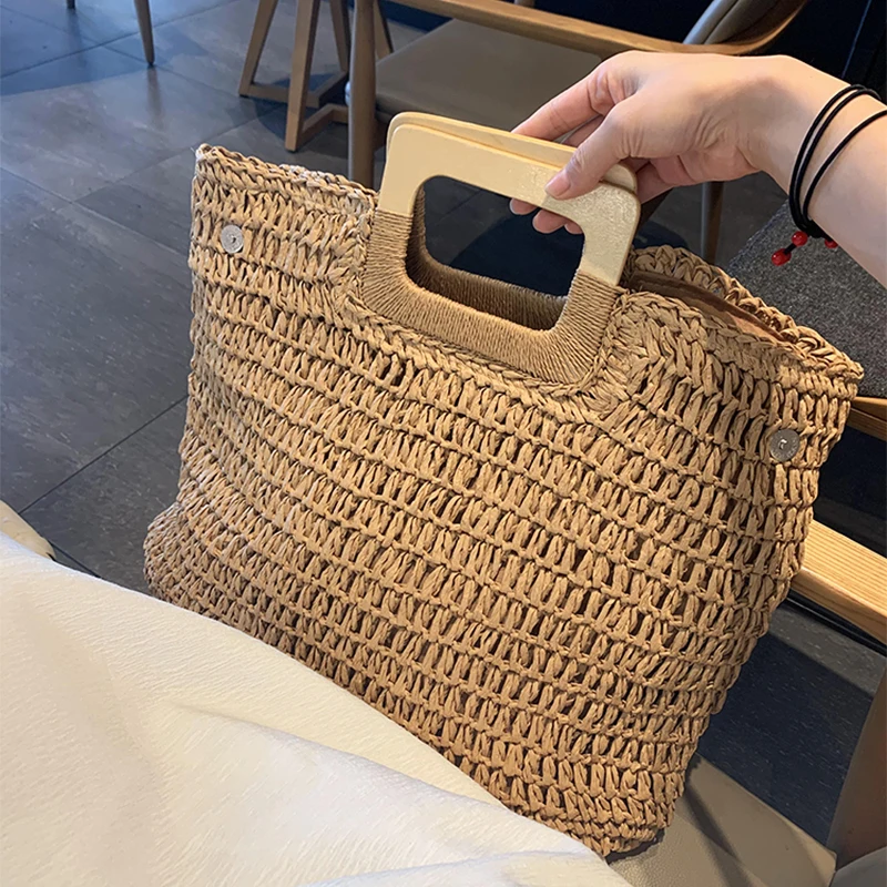 

Casual Rattan Large Capacity Totes for Women Wicker Woven Wooden Handbags Summer Beach Straw Bag Lady Big Purses Travel 2021