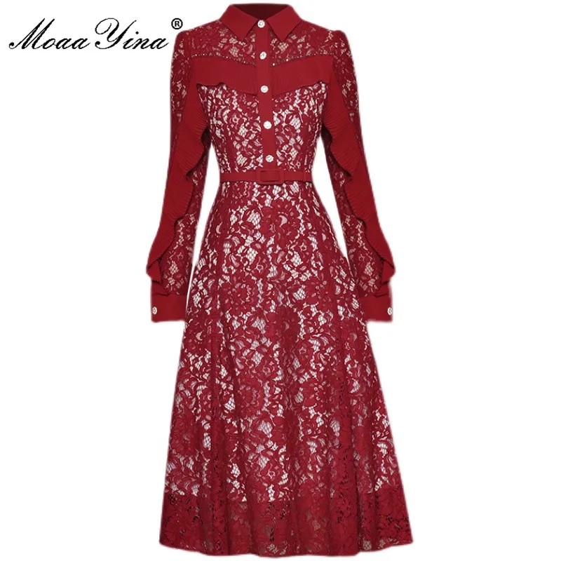 

MoaaYina Fashion Designer Autumn Red Dress Women's Lace Stand-up collar Splicing Hollow out High waist Pleated Dress