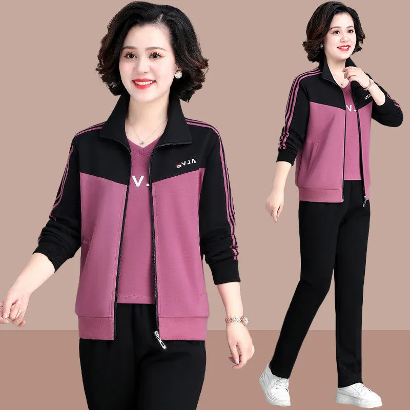 

Elegant Pink 3 Piece Set Mom Oversized Tracksuit Women Spliced Zipper Coat+Letter Printed Short Sleeve T-shirt+Jogging Pant Suit