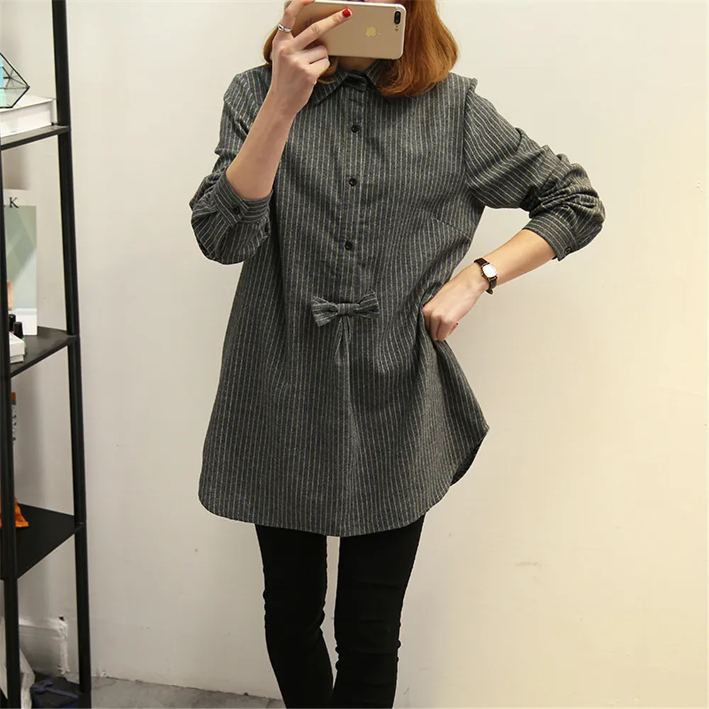 

Hodisytian 2022 Women Blouse Turn-down Collar Stripled Shirt Bowtie Decoration Long Sleeve Tunic Female Crop Tops Tee