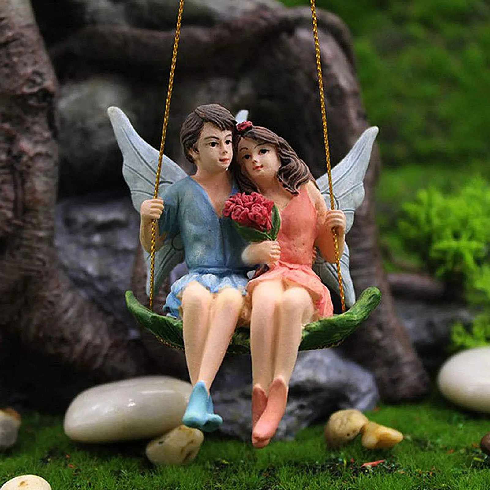 

Romantic Couple Figurines Swing Flower Fairy Garden Micro Landscape Pendant Resin Craft Creative Decoration Ornament