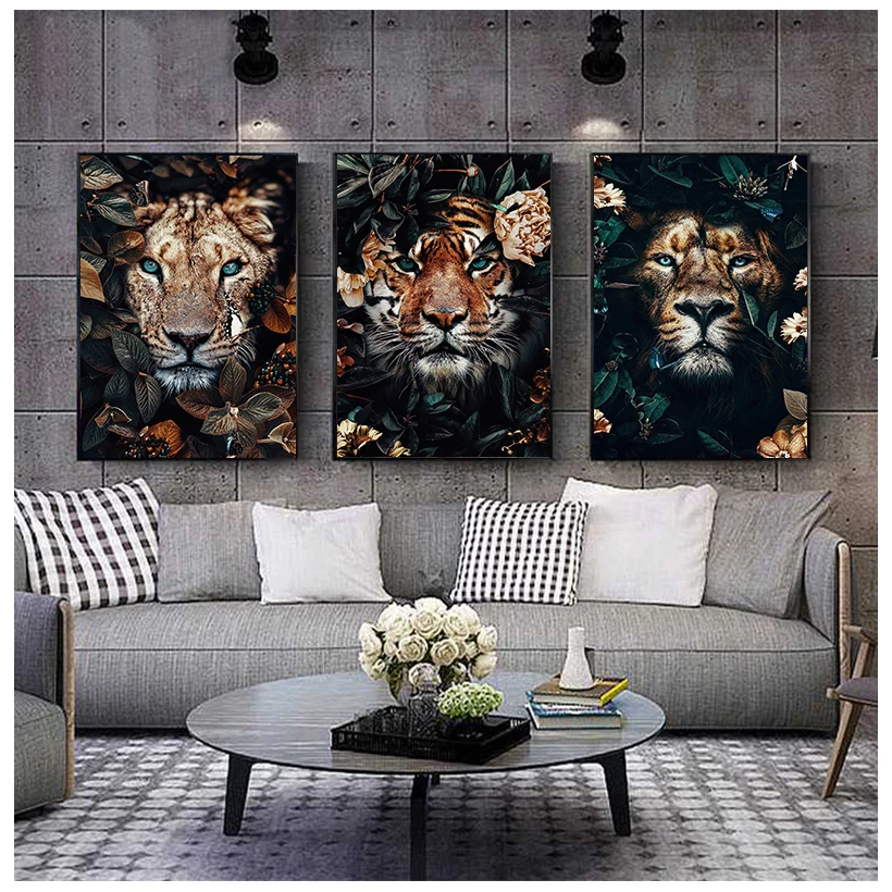 

Flower Animal Lion Tiger Deer Leopard Abstract Canvas Painting Wall Art Nordic Print Poster Decorative Picture Living Room Decor