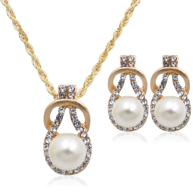 

DSHOU118 Fashion Pearl Water Drop Set Woman Metal Zircon Geometry Water Drop Pendant Earring Necklace Set Bridal Jewelry Set