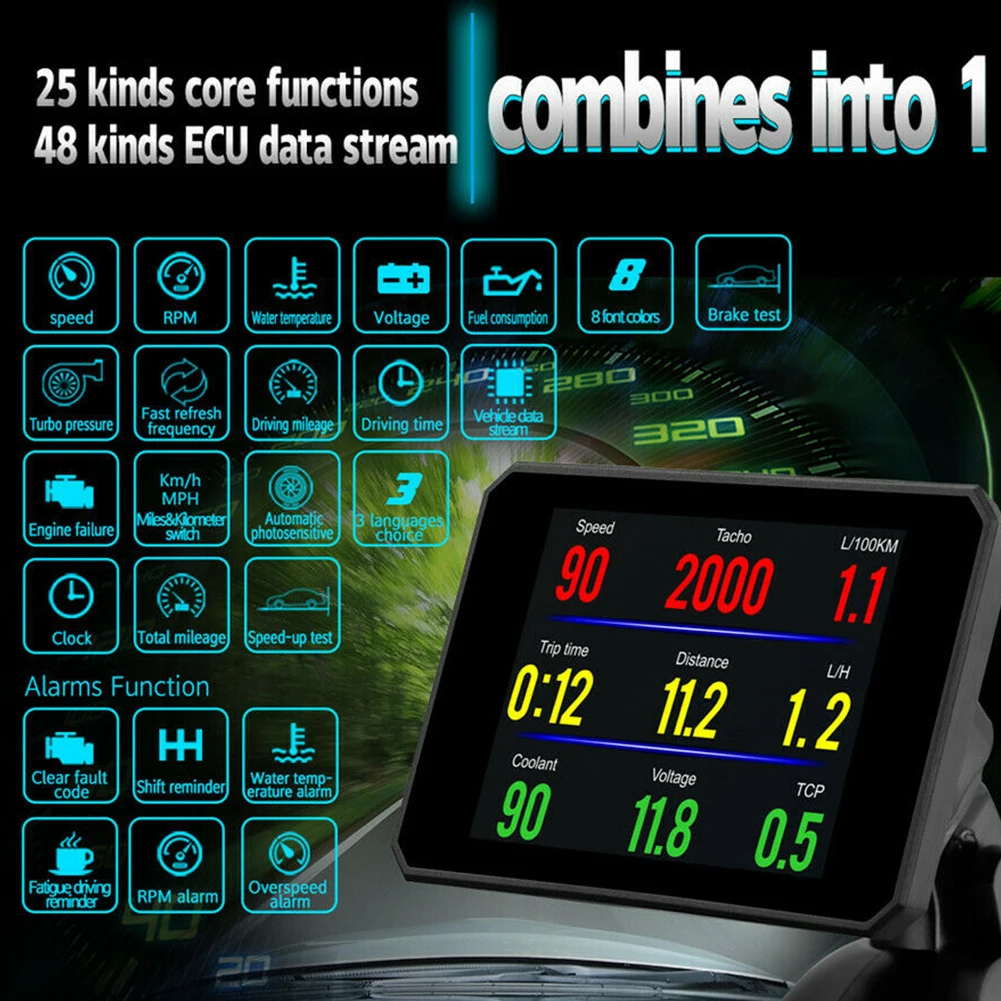 

P16 Car Speed Alarm RPM System Clock With Holder OBD2 Smart Digital Multifunctional Accurate Odometer Head Up Display Universal