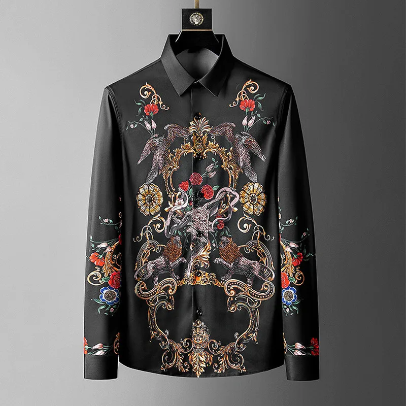 

New Men's Shirts Trend European Long Sleeve V-neck Digital Printing Hot Drilling Shirt Slim Men Shirt Top Wear In All Seasons