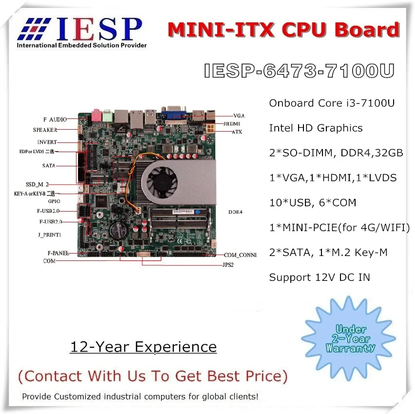 

Core i3-7100U MINI-ITX Embedded CPU Board, 6*RS232, 9*USB, VGA, HDMI, LVDS, 1*M.2 E Key, 1*M.2 M Key, industrial motherboard