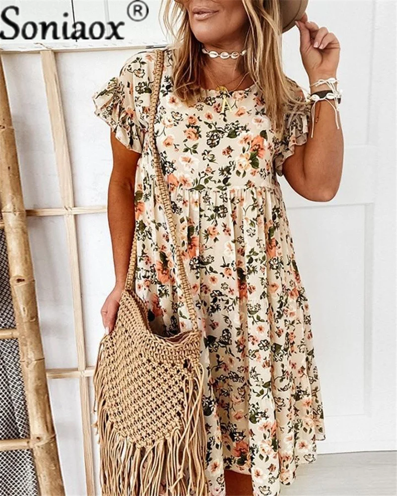Bohemian Floral Print Dress 2021 New Casual Short Sleeve O-Neck Loose Pleated Summer Dress Fashion Chic Women Beach Mini Dress fashion floral print dress for woman 2021 new summer short dress women casual v neck bohemian short sleeve dress