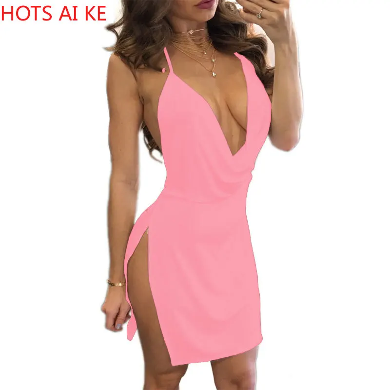 

Black Sexy Party Short Split Dress Women's Elegent Mini Dresses Deep V-neck Bodycon Dress 2021 Summer