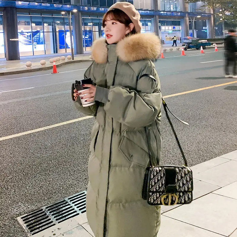 

Women's winter down cotton padded jacket with hat medium and long loose thickened cotton jacket