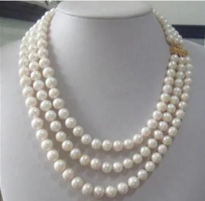 

triple strands AAA 8-9mm Real Australian south sea white pearl necklace 17-19"14KGP