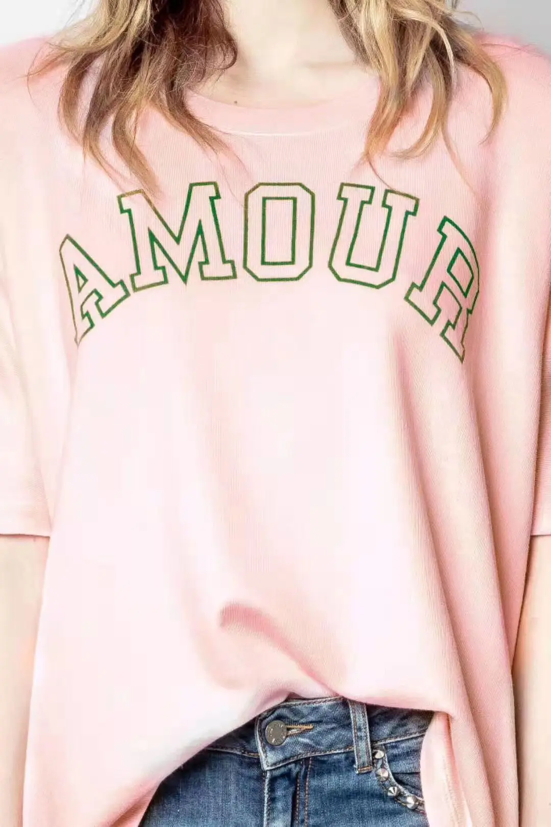 

2021SS New Pink Oversized T-shirt Round Neck Front Letters Print Drop Shoulder Short Sleeves Fashion Tops Tee