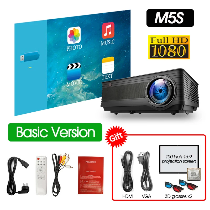 M5-HD ALSTON M5 M5W Full HD 1080P проектор 4K 6500 люмен кинопроектор проектор Android WiFi Bluetooth hdmi VGA AV USB с подарком - Цвет: M5-HD