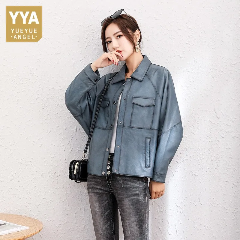 

Роскошная женская куртка из натуральной овечьей кожи с несколькими карманами, свободная офисная синяя короткая куртка в стиле ретро, байке...