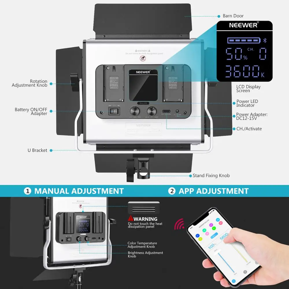 

Neewer 528 LED Video Light Metal Dimmable Bi-Color 3200K-5600K Photography Lighting Kit with APP Control System