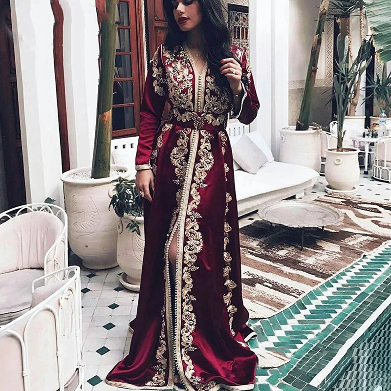 

Burgundy Evening Dresses A-line V-neck Long Sleeve Satin Applique Beaded Moroccan Kaftan Dubai Saudi Arabia Long Prom Dress Gown